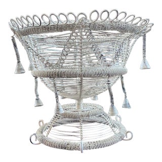 Vintage French White Wirework Pedestal Basket For Sale
