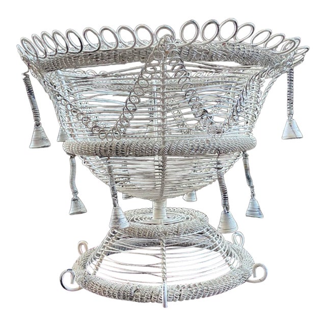 Vintage French White Wirework Pedestal Basket For Sale