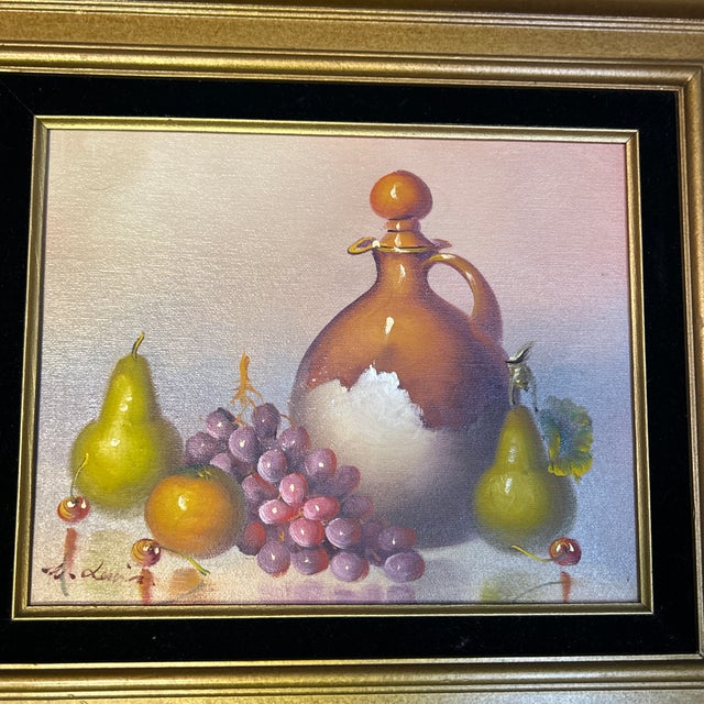 1950’s original modernist fruit and jug still life painting on canvas. Signed and framed. Measures 10x8 or just shy of...