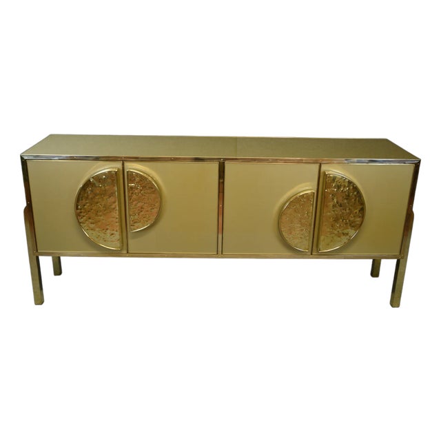 Italian Birch Sideboard Embellished With Gold Glass and Brass Handles For Sale