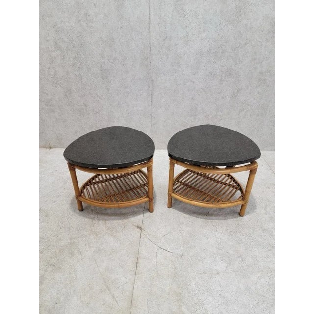 Mid-Century Modern Vintage Paul Frankl Style Floating Granite Rattan Side Tables - Pair For Sale - Image 3 of 5