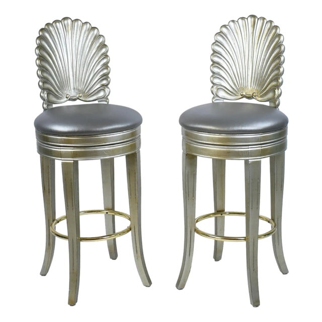 1980s Pair of Silver Leafed Grotto Swivel Barstools For Sale