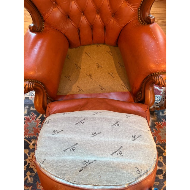 Pair of Victorian Style Tufted Leather Armchairs With Carved Wood Frames, Vintage For Sale - Image 9 of 10