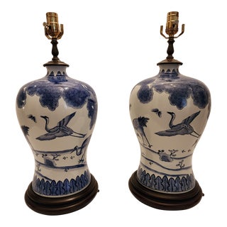 A Pair of 20th Century Chinese Blue and White Porcelain Vase Table Lamps For Sale
