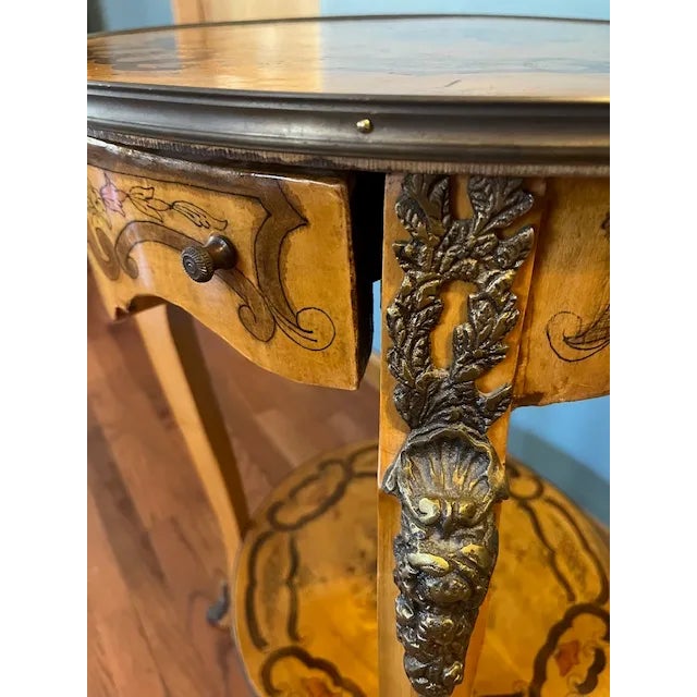 Vintage Italian Marquetry Two-Tier Side Table With Drawer & Bronze Mounts For Sale - Image 12 of 14