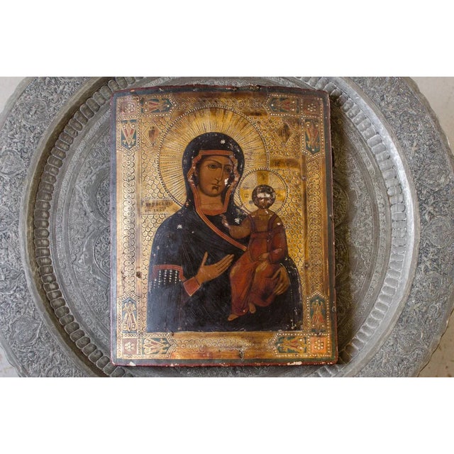 Antique Early 1800s Original Russian Icon Hand Painted Annunciation Our Lady of Kazan Madonna and Jesus For Sale - Image 11 of 11