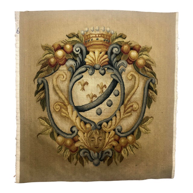Hand Woven Wool Tapestry Fragment With Embellished Crest Design in Tones of Soft Blue, Sand and Butterscotch For Sale