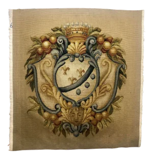 Hand Woven Wool Tapestry Fragment With Embellished Crest Design in Tones of Soft Blue, Sand and Butterscotch