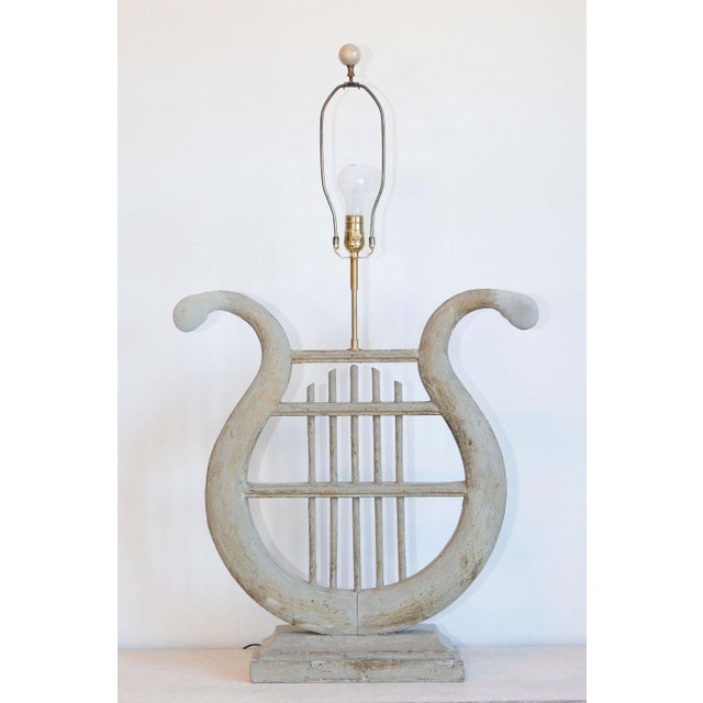 19th Century French Gustavian Lyre Table Lamp in Distressed Wood with Shade For Sale - Image 9 of 9