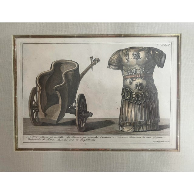 Fine Late 18th Century hand colored etching illustrating a detailed example of a Roman Chariot and Armor. The Italian...