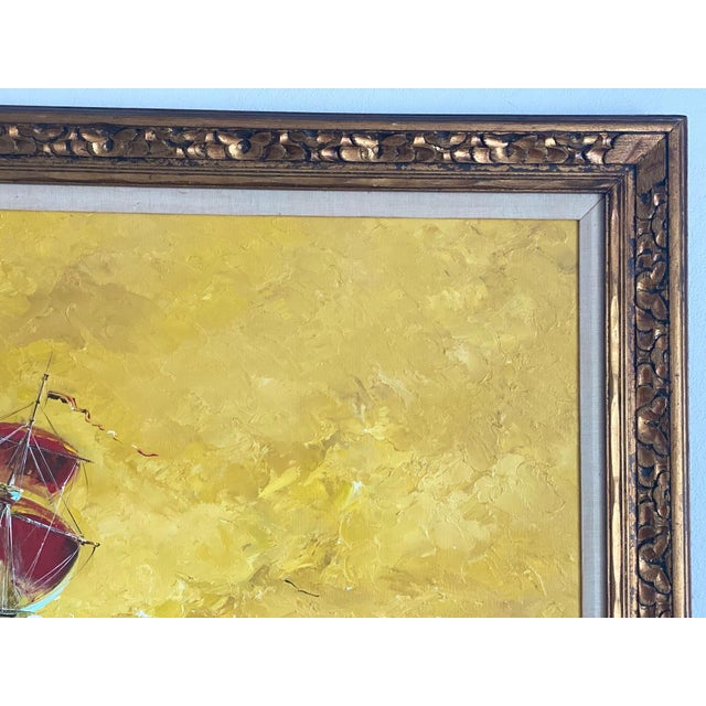 Large Vintage Original Oil Painting by Rj Fowles Wwii Veteran Red Sailing Ship Yellow Ocean Background Framed and Matted For Sale - Image 4 of 11