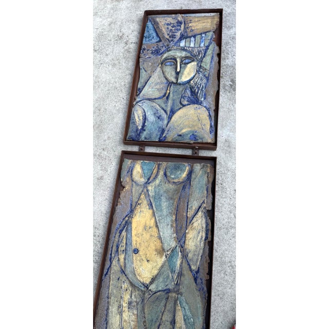 1960s Rare Large Mid Century Modern 1960s Hand Made Stoneware Relief Plaque Triptych of Nude Woman Modernist For Sale - Image 5 of 8