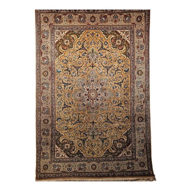 Vintage Persian Tabriz Rug, Hand-Knotted Wool, Floral Pattern, Moss Green & Caramel, 7x10 For Sale