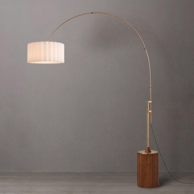 Nova 1980s Nova of California Tambo Brass Floor Lamp - 92 Mid Century Arc Lamp, Dark Walnut Base, White Linen Shade, Dimmable For Sale - Image 4 of 8