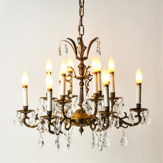 Antique Brass and Crystal Chandelier 12 Light For Sale - Image 9 of 14