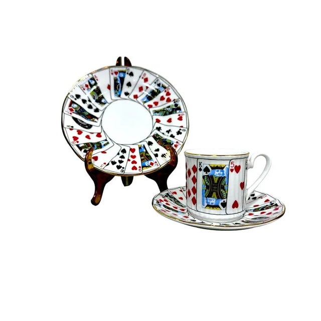 Art Deco 1980s Elizabethan Staffordshire Fine Bone China Playing Cards Pattern Demitasse Tea Cup, Saucer and Snack Plate - 18 Piece Set - Made in England For Sale - Image 3 of 10