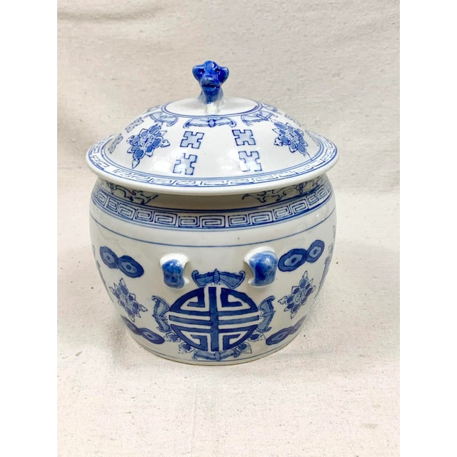 Large Vintage Blue and White Lidded Jar For Sale - Image 11 of 13
