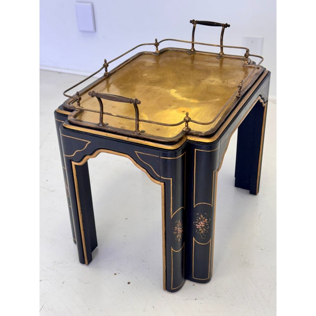 Vintage Regency Style Black Lacquer and Brass Side Table With Chinoiserie Detail For Sale In Atlanta - Image 6 of 16