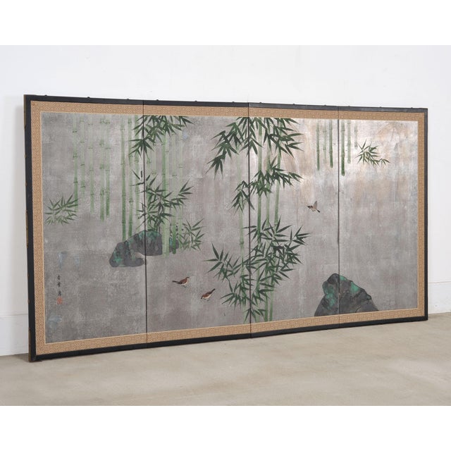 Contemporary Japanese Showa Four Panel Screen Bamboo in Misty Landscape For Sale - Image 3 of 18
