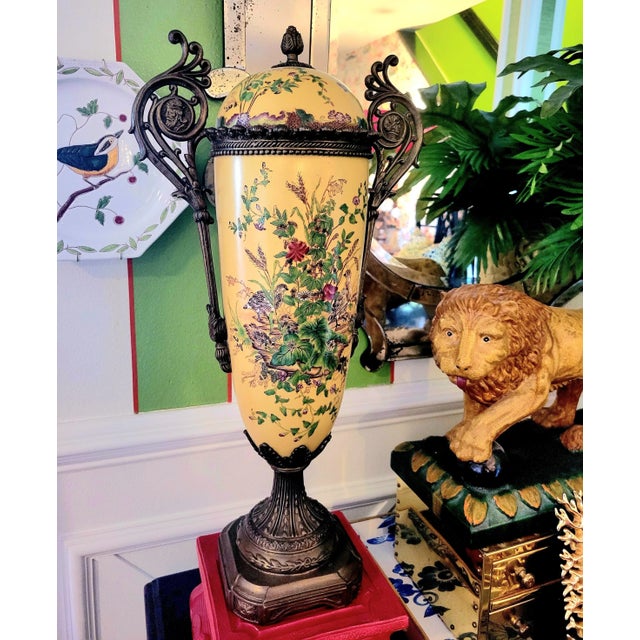 Vintage French Ceramic Metal Covered Floral Yellow Red Extra Tall Urn Decorative Jar For Sale - Image 9 of 12