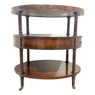 Vintage Leather-Topped Mahogany Three-Tier Oval Shaped Rolling Bar Cart With Drawer For Sale