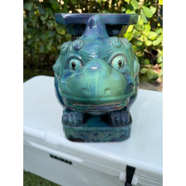 Late 20th Century Vintage Blue Green Glazed Terracotta Foo Dog Petite Garden Stool For Sale - Image 5 of 11