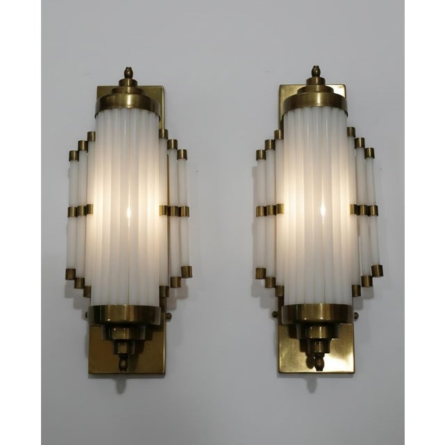 Art Deco Pair Skyscraper Vintage Art Deco Light Old Lamp Wall Sconces Fixture Brass & Milk Glass Rod Ship Light For Sale - Image 3 of 7