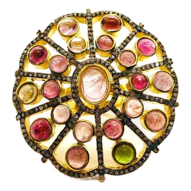 Bochic “Orient” Diamond & Multi Color Tourmaline Ring Set In 18K Gold & Silver For Sale