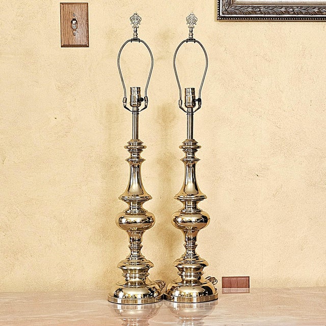 Pair of Tall Brass Table Lamps With Ivory Bell Shades – Hollywood Regency Style For Sale - Image 9 of 18