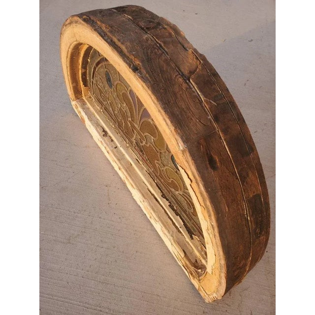 Wood 19th Century Victorian Era Architectural Salvaged Stained Glass Panel Transom Fanlight Window in Original Arched Wooden Frame For Sale - Image 7 of 13