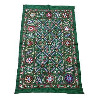 Handmade Floral Design Green Tablecloth, 1980s For Sale