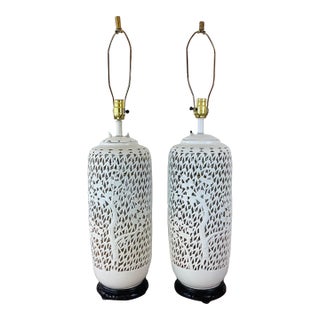 Vintage 1960s Blanc De Chine Pierced Porcelain Cherry Blossom Pair of Table Lamps For Sale