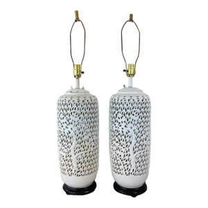 Vintage 1960s Blanc De Chine Pierced Porcelain Cherry Blossom Pair of Table Lamps