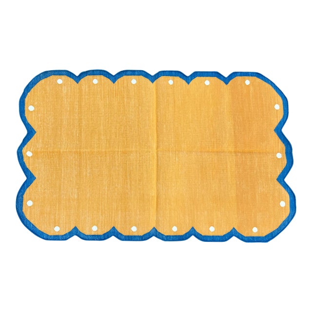 Not Yet Made - Made To Order Handmade Cotton Scalloped Rug Reversible Electric Yellow and Royal Blue Dhurrie-3'x5' For Sale