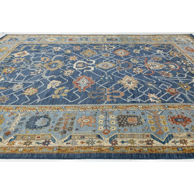 14x20 Hand-Knotted Modern Oushak Style Wool Rug in Indigo Blue & Earthy Motifs For Sale In New York - Image 6 of 12