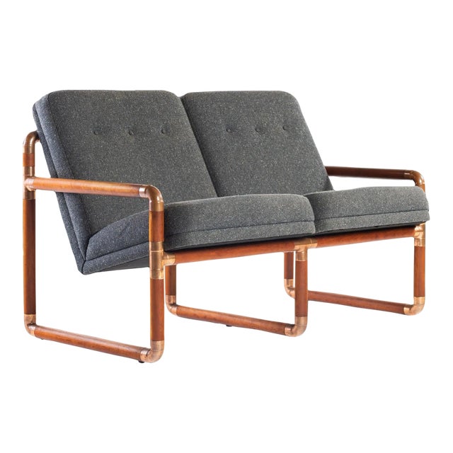 Unique Industrial Brass and Walnut Loveseat with Gray Tweed Upholstery, USA, circa 1970's For Sale
