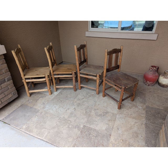 Four (4) Hand Crafted Solid Rustic Log Cabin Chairs For Sale - Image 4 of 16