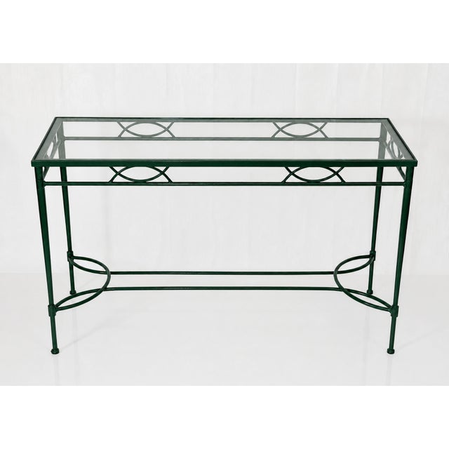JANUS et Cie 1980s Attributed to Mario Papperzini for Janus Et Cie Green Iron and Glass Console Table For Sale - Image 4 of 18