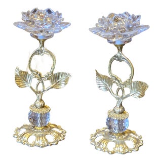 French Style Classic European-Style Brass and Crystal Candlestick Holders Set of 2. For Sale