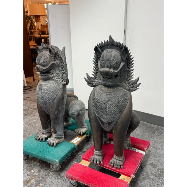 Asian Vintage Singha Guardian Lion Sculptures, Set of Two For Sale - Image 3 of 12