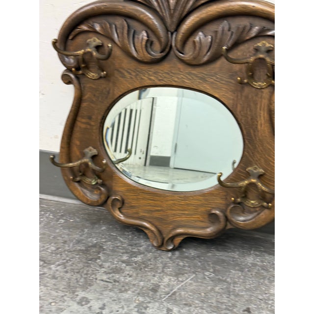 Early 20th Century Circa 1920's Tiger Oak Wood Wall Mirror With Hanging Hooks For Sale - Image 5 of 12