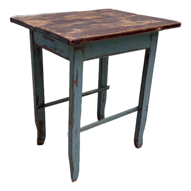 1920s Primitive Table With Rustic Top and Blue Legs For Sale