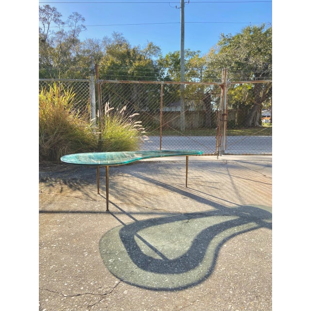 1950s Rare Boomerang Coffee Table With Thick Glass Top + Tall Brass Legs | Mid Century Modern For Sale - Image 5 of 13