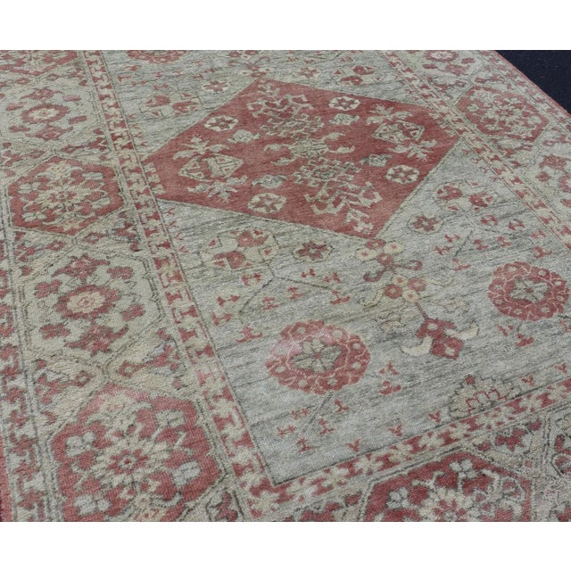 Textile Modern Khotan Rug in Wool With Medallion Design in Light Blue and Coral For Sale - Image 7 of 13