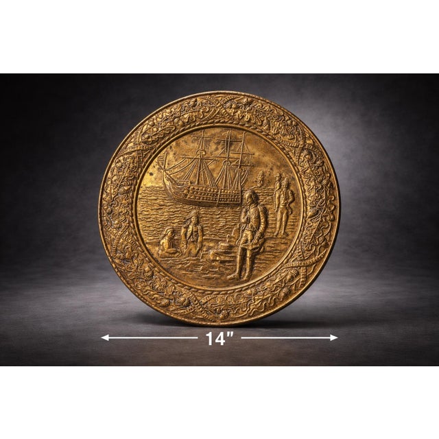 Hollywood Regency Vintage Embossed Brass Wall Charger With European Maritime Relief Scene — 14” Decorative Hanging Plate For Sale - Image 3 of 4