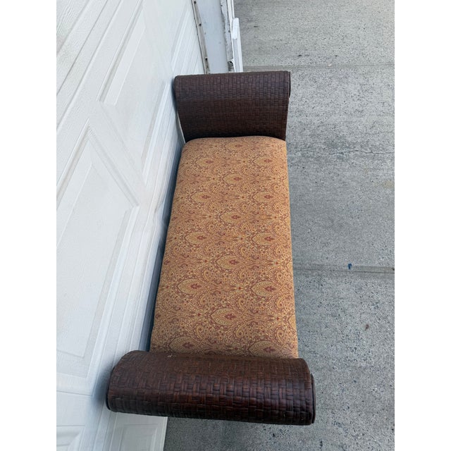 Wood Vintage Boho Woven Rattan Wicker Scroll Arm Upholstered Bench For Sale - Image 7 of 12