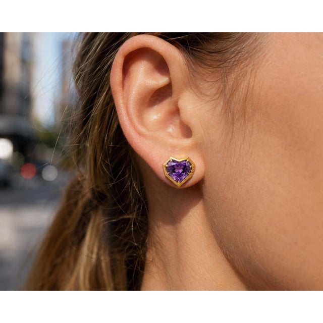 Purple Geometric Heart Amethyst Stud Earrings, Silver, Gold, Pair For Sale - Image 8 of 9