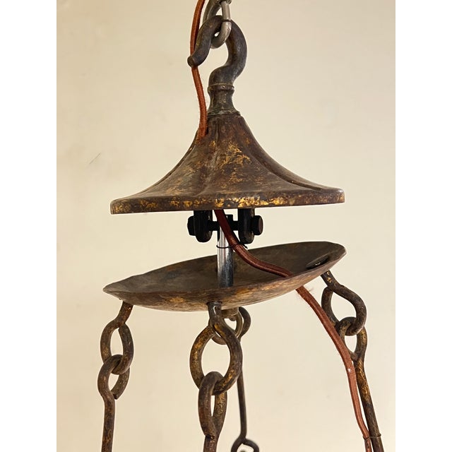 Spanish Revival Hand Forged Gilt Iron 4 Lite Chandelier- Circa 1930 For Sale - Image 10 of 11