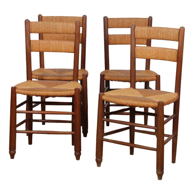 French Straw-Seated Wooden Chairs, 1950s, Set of 4 For Sale