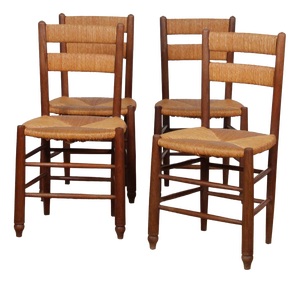 French Straw-Seated Wooden Chairs, 1950s, Set of 4